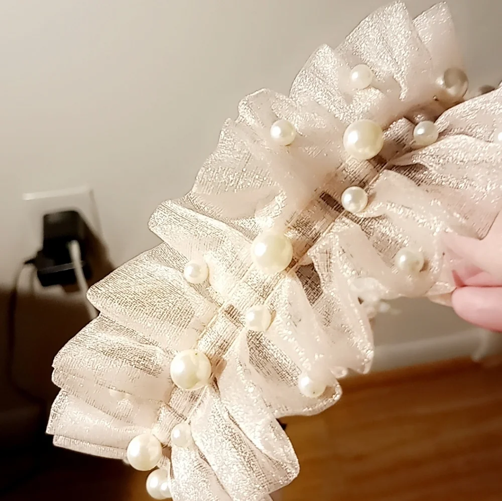 Gorgeous Pink Ruffled Tulle Headband with Faux Pearls | Bridal, Coquette, Fairyc